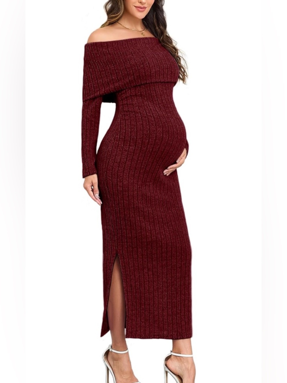 Burgundy Off-Shoulder Ribbed Maternity Maxi Dress